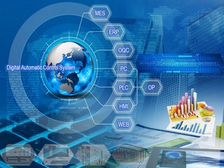 數位自動控制系統架構示意：PLC、HMI 與 MES、ERP、OQC 等系統的連線關係